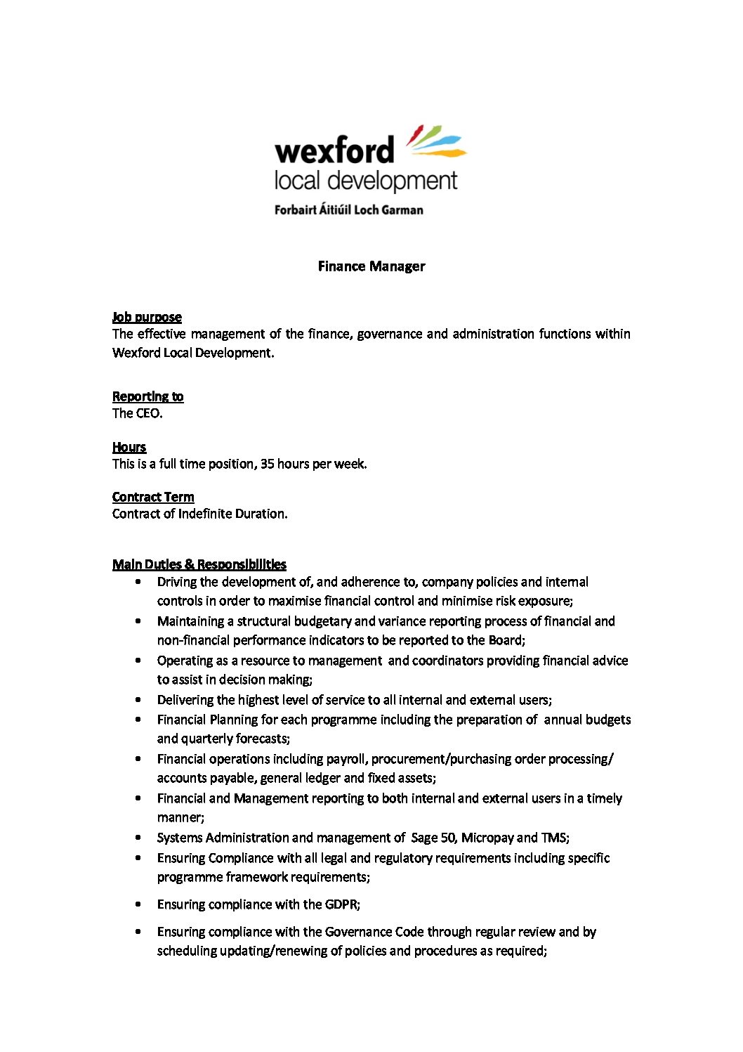 Job description Finance Manager pdf   Wexford Local Development